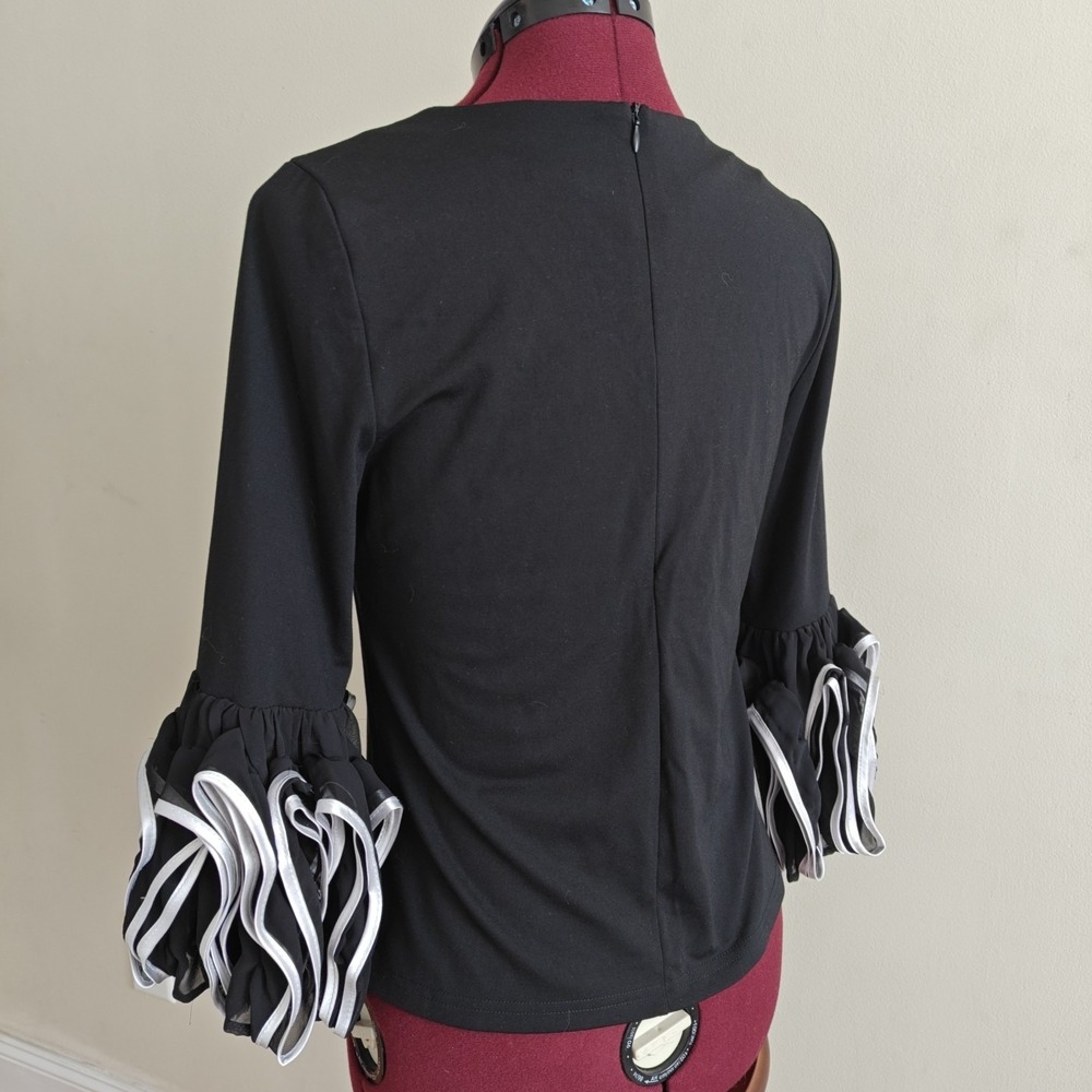 Gracia Ruffle Cuff Flare Long Sleeve Blouse Black White Contrasting Ribbon Trim - Picture 2 of 7